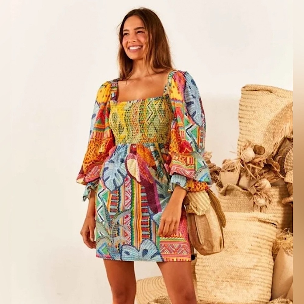 Farm Rio Tropical Mini Dress Colorful Leaf Print Long Sleeves Smock Cotton Small